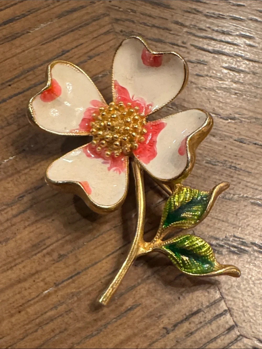 Handcrafted White and Pink Floral Enamel Brooch - Gold Tone